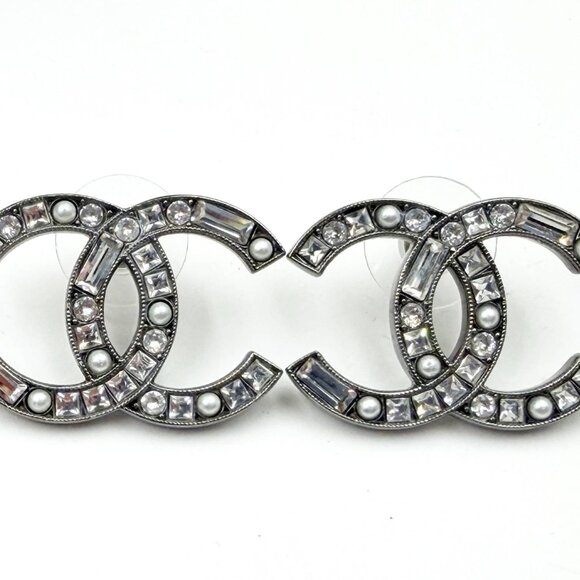 CHANEL Jewelry - Chanel Gunmetal CC Baguette Princess Crystal Pearl Large Piercing Earrings